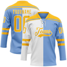 Laden Sie das Bild in den Galerie-Viewer, Custom Powder Blue Gold-White Split Fashion Hockey Lace Neck Jersey