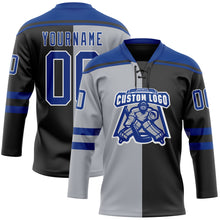 Load image into Gallery viewer, Custom Black Royal Gray-White Split Fashion Hockey Lace Neck Jersey