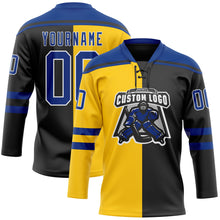 Laden Sie das Bild in den Galerie-Viewer, Custom Black Royal Yellow-White Split Fashion Hockey Lace Neck Jersey