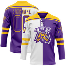 Charger l'image dans la galerie, Custom Purple White-Yellow Split Fashion Hockey Lace Neck Jersey