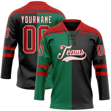 Load image into Gallery viewer, Custom Black Red Kelly Green-White Split Fashion Hockey Lace Neck Jersey