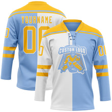 Load image into Gallery viewer, Custom Light Blue Gold-White Split Fashion Hockey Lace Neck Jersey