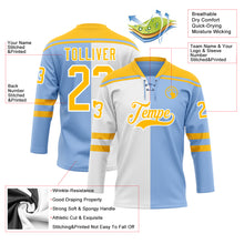 Load image into Gallery viewer, Custom Light Blue Gold-White Split Fashion Hockey Lace Neck Jersey