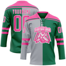 Laden Sie das Bild in den Galerie-Viewer, Custom Kelly Green Pink Gray-White Split Fashion Hockey Lace Neck Jersey