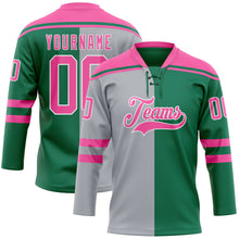 Laden Sie das Bild in den Galerie-Viewer, Custom Kelly Green Pink Gray-White Split Fashion Hockey Lace Neck Jersey