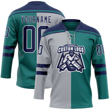 Laden Sie das Bild in den Galerie-Viewer, Custom Teal Navy Gray-White Split Fashion Hockey Lace Neck Jersey
