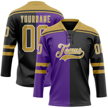 Load image into Gallery viewer, Custom Black Old Gold Purple-White Split Fashion Hockey Lace Neck Jersey
