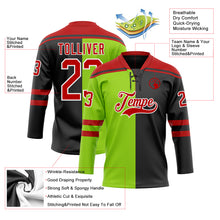 Laden Sie das Bild in den Galerie-Viewer, Custom Black Red Neon Green-White Split Fashion Hockey Lace Neck Jersey