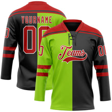 Laden Sie das Bild in den Galerie-Viewer, Custom Black Red Neon Green-White Split Fashion Hockey Lace Neck Jersey