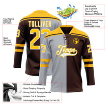 Laden Sie das Bild in den Galerie-Viewer, Custom Brown Gold Gray-White Split Fashion Hockey Lace Neck Jersey