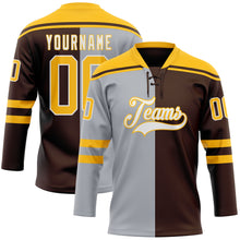 Laden Sie das Bild in den Galerie-Viewer, Custom Brown Gold Gray-White Split Fashion Hockey Lace Neck Jersey