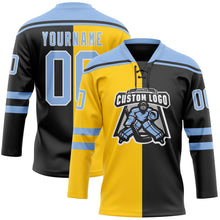 Load image into Gallery viewer, Custom Black Light Blue Yellow-White Split Fashion Hockey Lace Neck Jersey