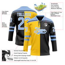 Load image into Gallery viewer, Custom Black Light Blue Yellow-White Split Fashion Hockey Lace Neck Jersey