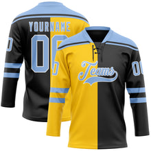 Load image into Gallery viewer, Custom Black Light Blue Yellow-White Split Fashion Hockey Lace Neck Jersey