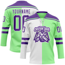 Laden Sie das Bild in den Galerie-Viewer, Custom Pea Green Purple-White Split Fashion Hockey Lace Neck Jersey