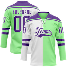 Laden Sie das Bild in den Galerie-Viewer, Custom Pea Green Purple-White Split Fashion Hockey Lace Neck Jersey