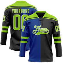 Laden Sie das Bild in den Galerie-Viewer, Custom Black Neon Green Royal-White Split Fashion Hockey Lace Neck Jersey