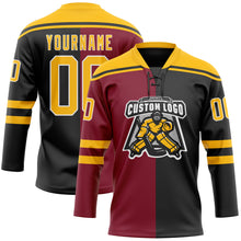 Laden Sie das Bild in den Galerie-Viewer, Custom Black Gold Crimson-White Split Fashion Hockey Lace Neck Jersey