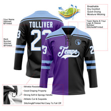 Charger l'image dans la galerie, Custom Black White Purple-Light Blue Split Fashion Hockey Lace Neck Jersey