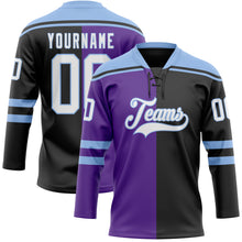 Charger l'image dans la galerie, Custom Black White Purple-Light Blue Split Fashion Hockey Lace Neck Jersey