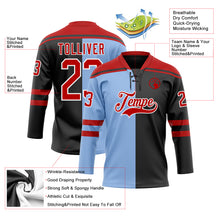 Laden Sie das Bild in den Galerie-Viewer, Custom Black Red Light Blue-White Split Fashion Hockey Lace Neck Jersey
