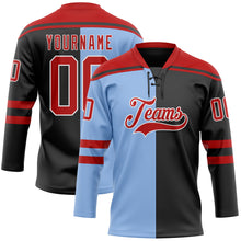 Laden Sie das Bild in den Galerie-Viewer, Custom Black Red Light Blue-White Split Fashion Hockey Lace Neck Jersey