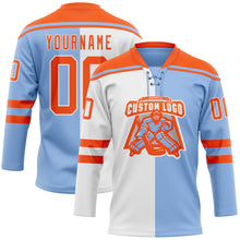 Load image into Gallery viewer, Custom Light Blue Orange-White Split Fashion Hockey Lace Neck Jersey