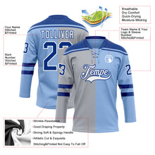 Load image into Gallery viewer, Custom Light Blue Royal Gray-White Split Fashion Hockey Lace Neck Jersey