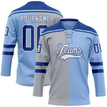 Load image into Gallery viewer, Custom Light Blue Royal Gray-White Split Fashion Hockey Lace Neck Jersey