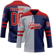 Charger l'image dans la galerie, Custom Navy Red Gray-White Split Fashion Hockey Lace Neck Jersey
