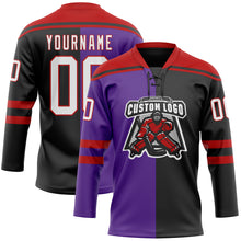 Charger l'image dans la galerie, Custom Black White Purple-Red Split Fashion Hockey Lace Neck Jersey