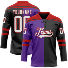 Charger l'image dans la galerie, Custom Black White Purple-Red Split Fashion Hockey Lace Neck Jersey