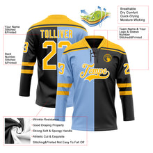 Load image into Gallery viewer, Custom Black Gold Light Blue-White Split Fashion Hockey Lace Neck Jersey