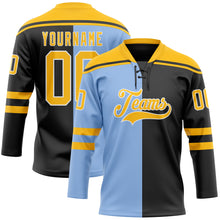 Load image into Gallery viewer, Custom Black Gold Light Blue-White Split Fashion Hockey Lace Neck Jersey