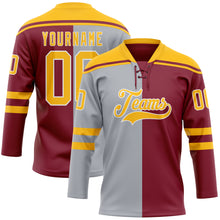 Charger l'image dans la galerie, Custom Crimson Gold Gray-White Split Fashion Hockey Lace Neck Jersey