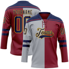 Charger l'image dans la galerie, Custom Crimson Navy Gray-Gold Split Fashion Hockey Lace Neck Jersey