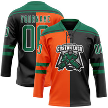 Charger l'image dans la galerie, Custom Black Kelly Green Orange-White Split Fashion Hockey Lace Neck Jersey