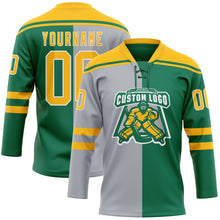 Charger l'image dans la galerie, Custom Kelly Green Gold Gray-White Split Fashion Hockey Lace Neck Jersey