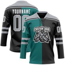 Laden Sie das Bild in den Galerie-Viewer, Custom Black Gray Teal-White Split Fashion Hockey Lace Neck Jersey