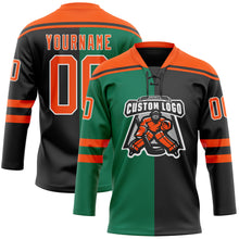 Laden Sie das Bild in den Galerie-Viewer, Custom Black Orange Kelly Green-White Split Fashion Hockey Lace Neck Jersey