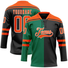 Laden Sie das Bild in den Galerie-Viewer, Custom Black Orange Kelly Green-White Split Fashion Hockey Lace Neck Jersey