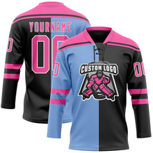 Laden Sie das Bild in den Galerie-Viewer, Custom Black Pink Powder Blue-White Split Fashion Hockey Lace Neck Jersey