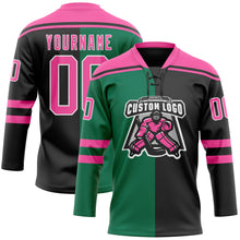 Charger l'image dans la galerie, Custom Black Pink Kelly Green-White Split Fashion Hockey Lace Neck Jersey