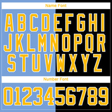 Laden Sie das Bild in den Galerie-Viewer, Custom Black Gold Powder Blue-White Split Fashion Hockey Lace Neck Jersey