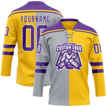 Charger l'image dans la galerie, Custom Yellow Purple Gray-White Split Fashion Hockey Lace Neck Jersey