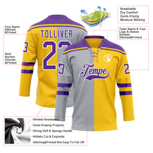 Charger l'image dans la galerie, Custom Yellow Purple Gray-White Split Fashion Hockey Lace Neck Jersey