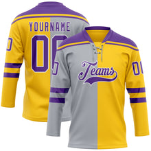 Charger l'image dans la galerie, Custom Yellow Purple Gray-White Split Fashion Hockey Lace Neck Jersey