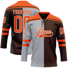 Laden Sie das Bild in den Galerie-Viewer, Custom Brown Orange Gray-White Split Fashion Hockey Lace Neck Jersey