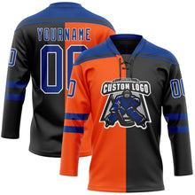 Load image into Gallery viewer, Custom Black Royal Orange-White Split Fashion Hockey Lace Neck Jersey