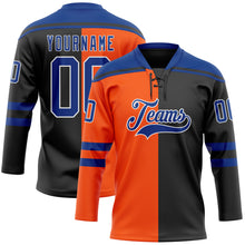 Load image into Gallery viewer, Custom Black Royal Orange-White Split Fashion Hockey Lace Neck Jersey